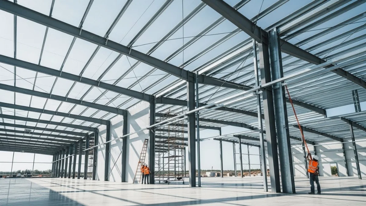 Mô hình nhà xưởng tiền chế hiện đại với mái và vách tôn màu xanh