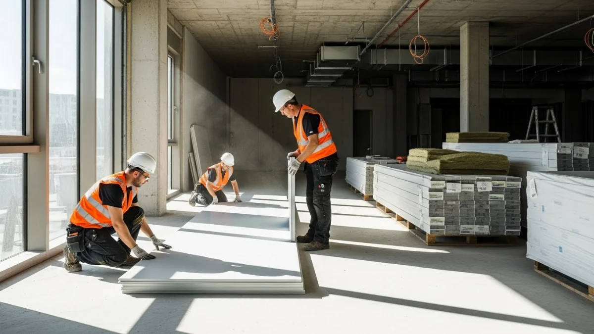 Vách ngăn gỗ nhựa màu nâu vân gỗ phân chia không gian phòng khách và bếp ăn