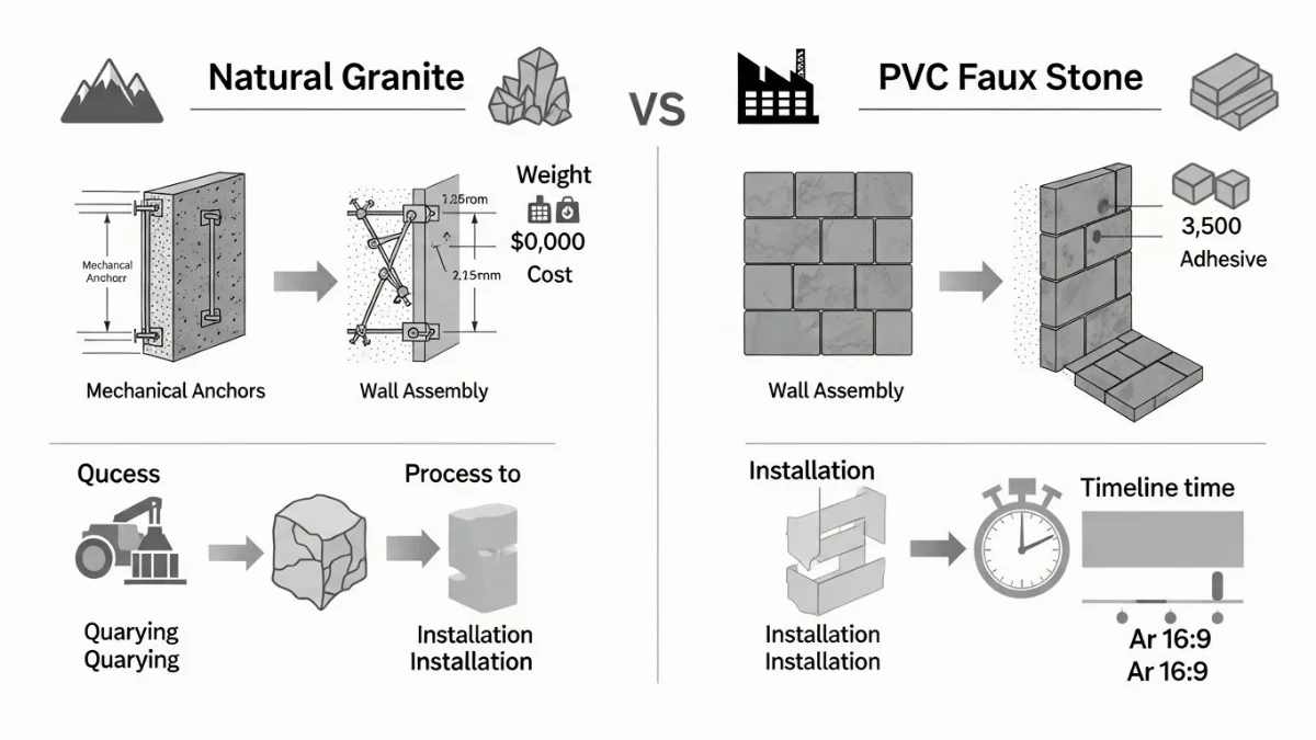 Hình ảnh so sánh sự khác biệt của vật liệu ốp lát PVC vân đá và đá thật