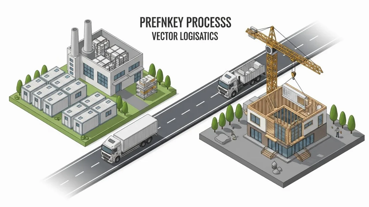 Quang cảnh thi công nhà tiền chế với khung thép đang được lắp đặt