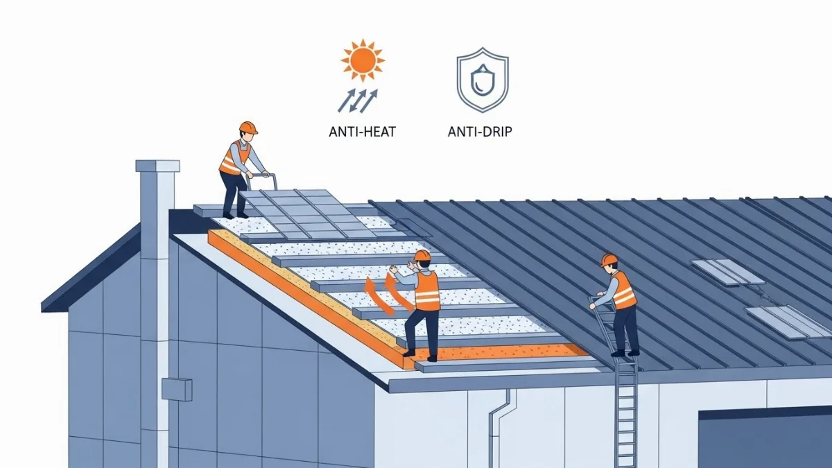 Công nhân đang cẩn thận lợp tấm tôn cách nhiệt cho mái nhà