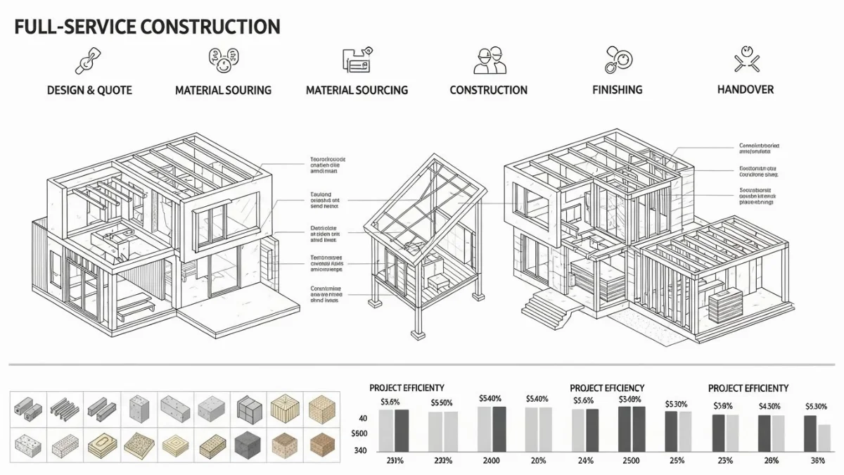 Đội ngũ kỹ sư và công nhân đang thi công vật liệu nội ngoại thất