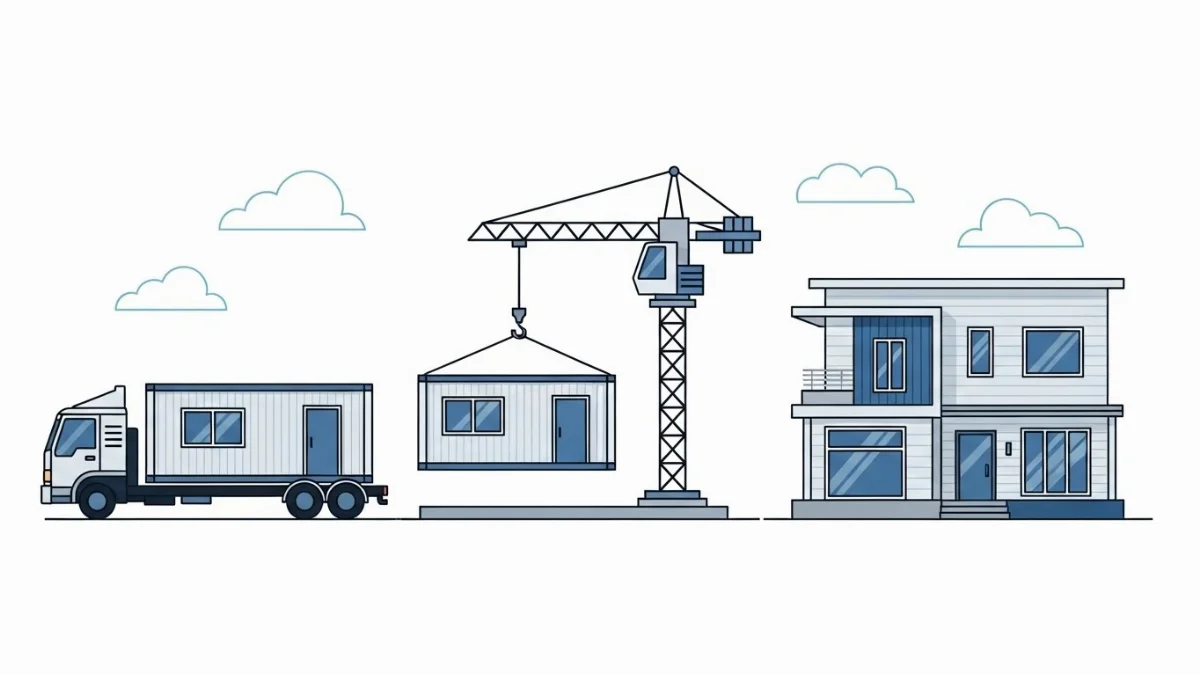 Hình ảnh nhà tiền chế dân dụng với thiết kế hiện đại, nhiều cửa sổ kính