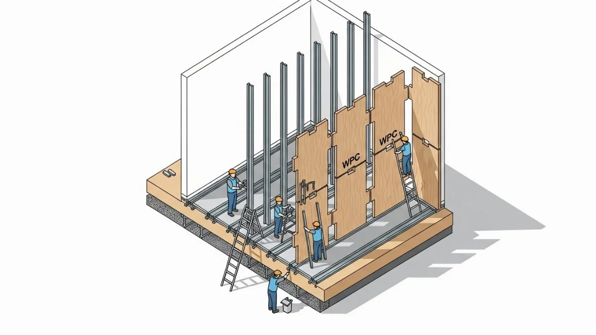 lắp đặt khung xương sắt để thi công vách ngăn composite