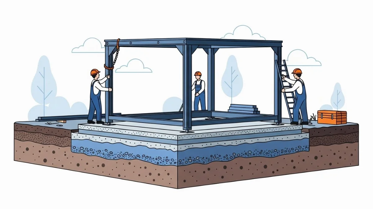 Công nhân đang kiểm tra và chuẩn bị mặt bằng để thi công nền móng nhà tiền chế