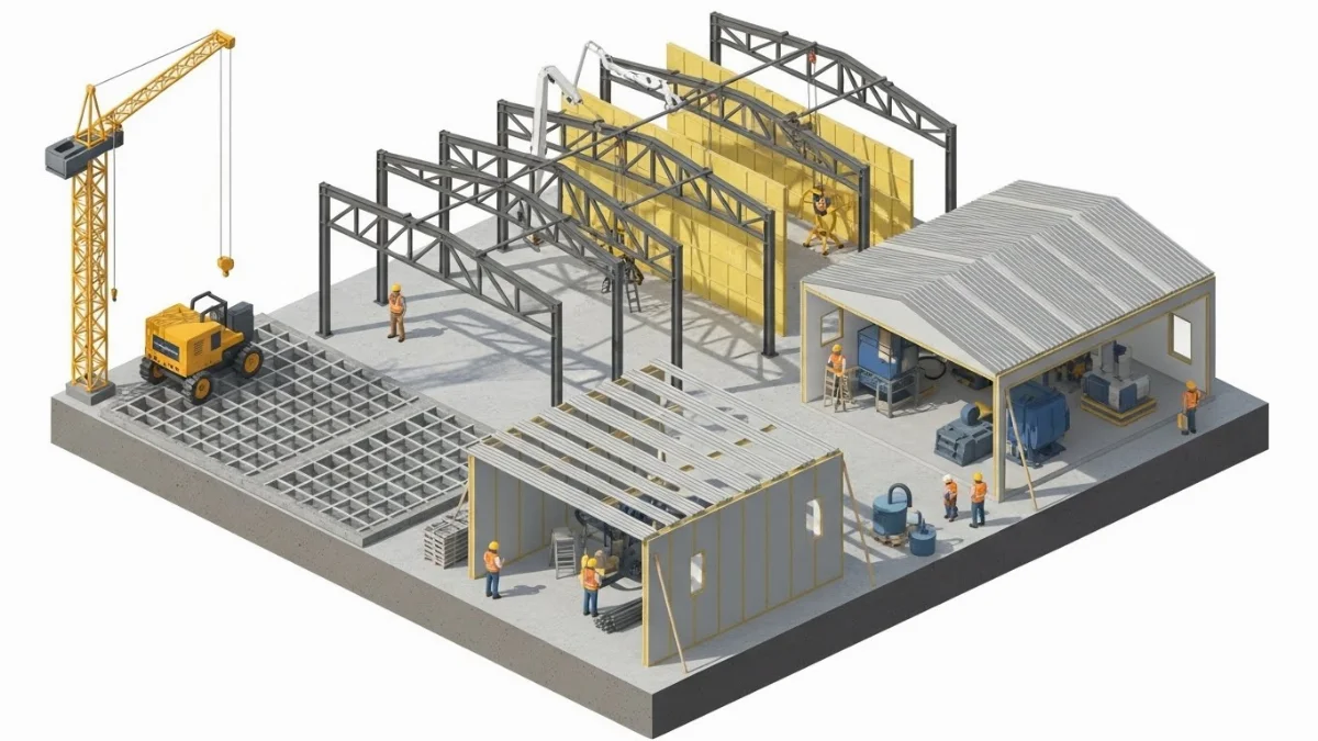 Hình ảnh chi tiết cấu trúc khung thép của một nhà xưởng đang được xây dựng
