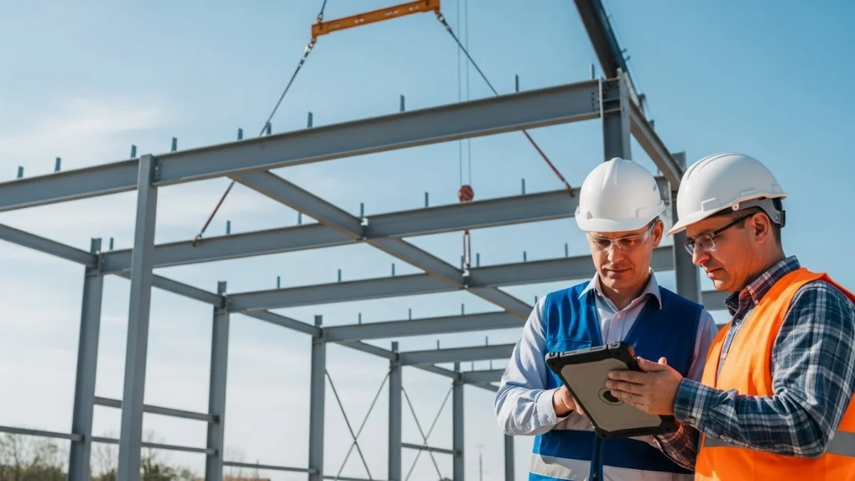 Hình ảnh một kiến trúc sư đang tư vấn khách hàng về thiết kế nhà tiền chế