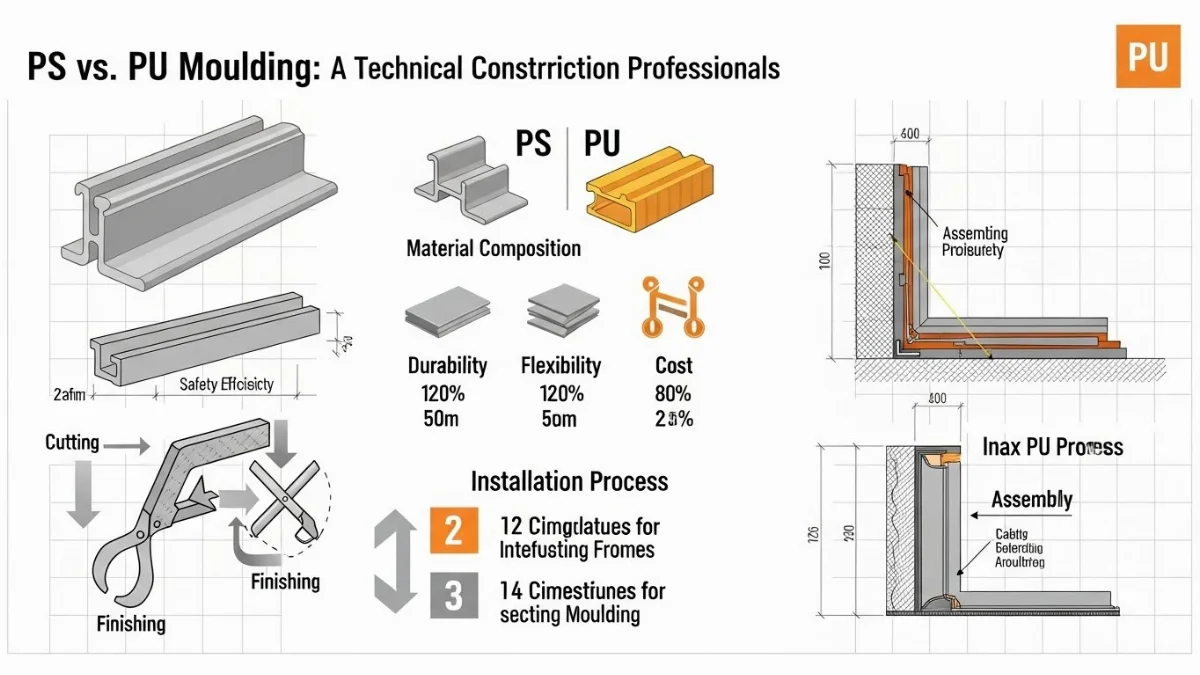 Công nhân đang thi công lắp đặt phào chỉ nhựa PS màu trắng trên tường