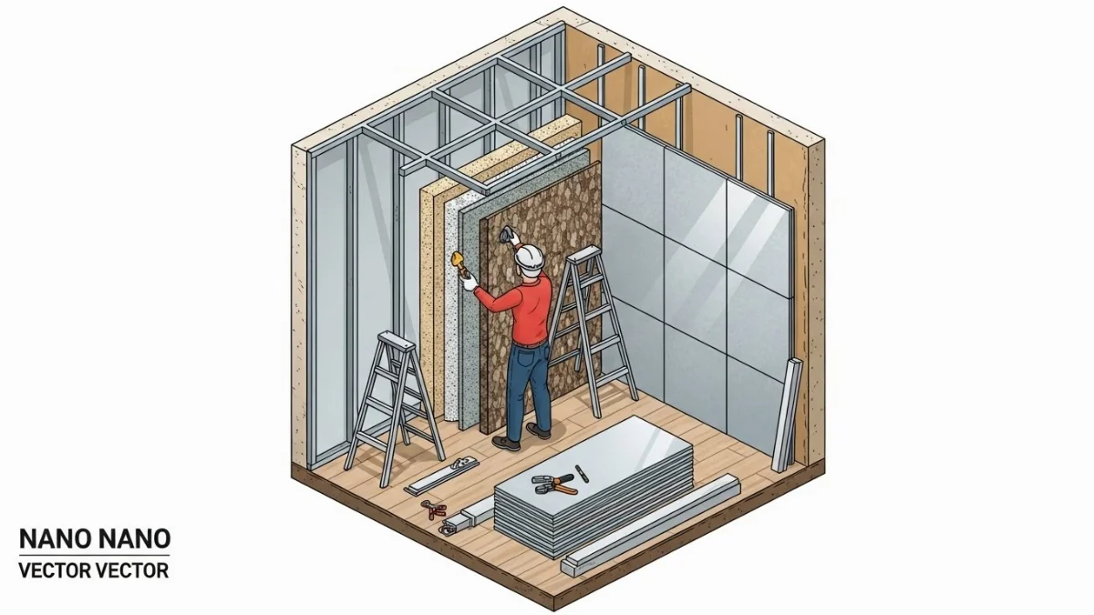 Đội ngũ thợ đang thi công tấm nano ốp tường phòng khách