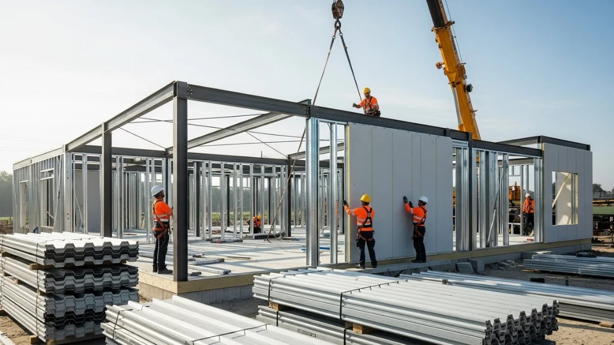 Khung thép tiền chế được lắp đặt tại công trình xây dựng