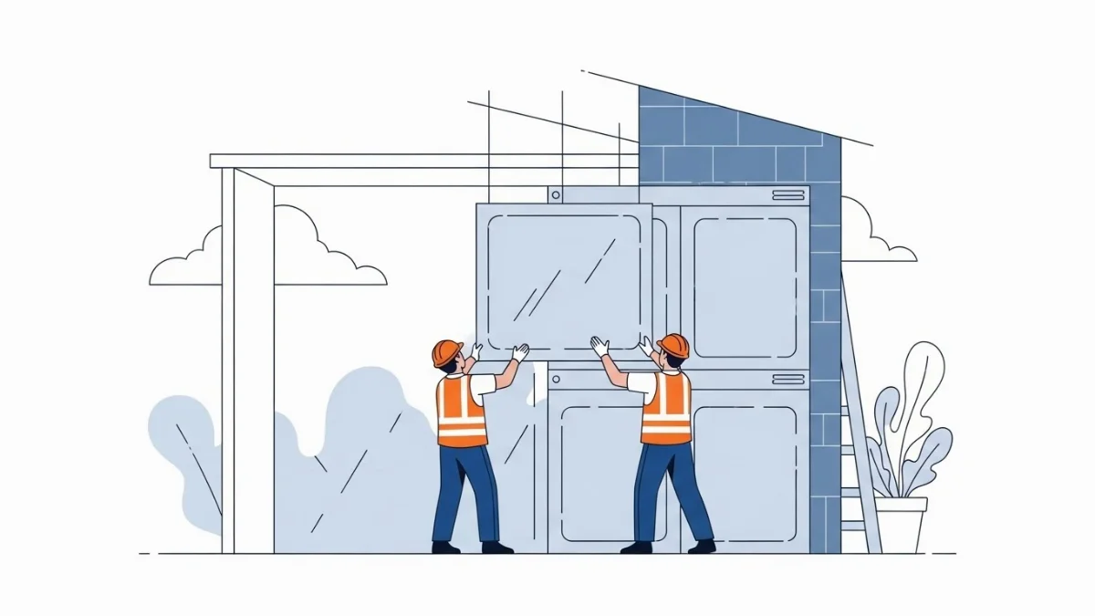 Hình ảnh công nhân đang thi công lắp đặt tấm panel mái che