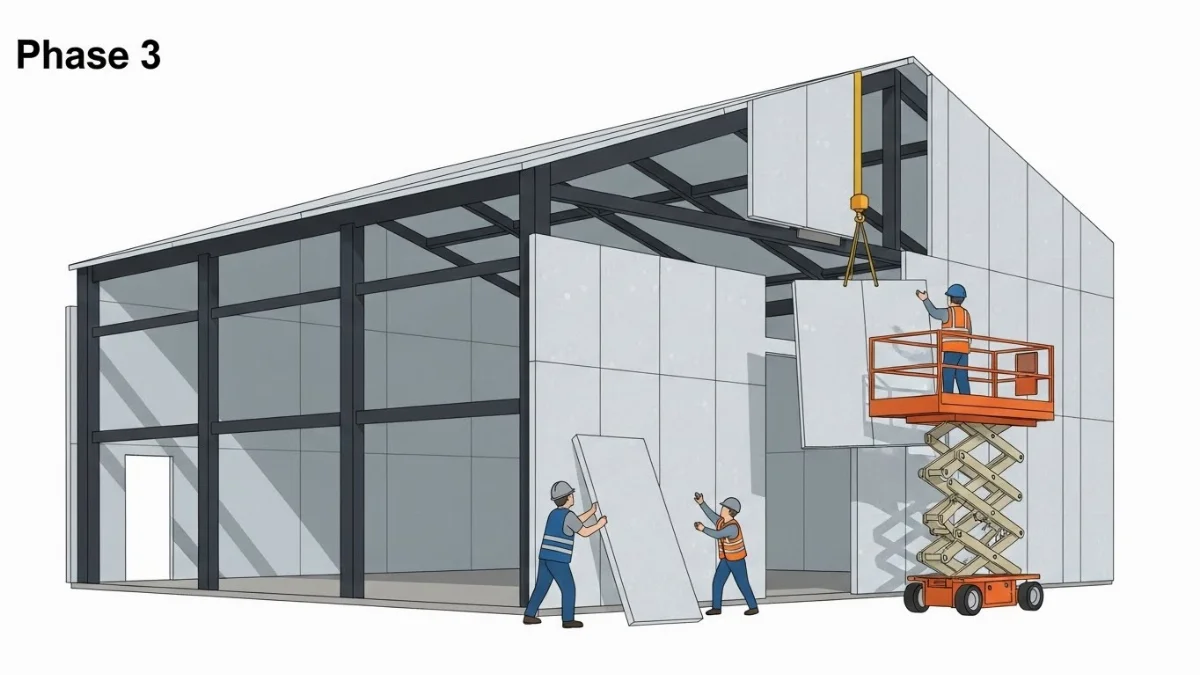 Lắp đặt xà gồ, tôn mái và hệ thống bao che cho nhà tiền chế