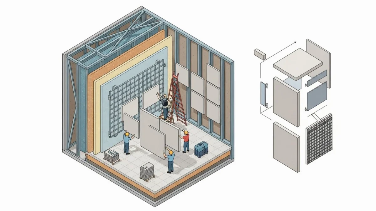 Kỹ thuật viên đang thực hiện lắp đặt tấm tiêu âm trên trần nhà