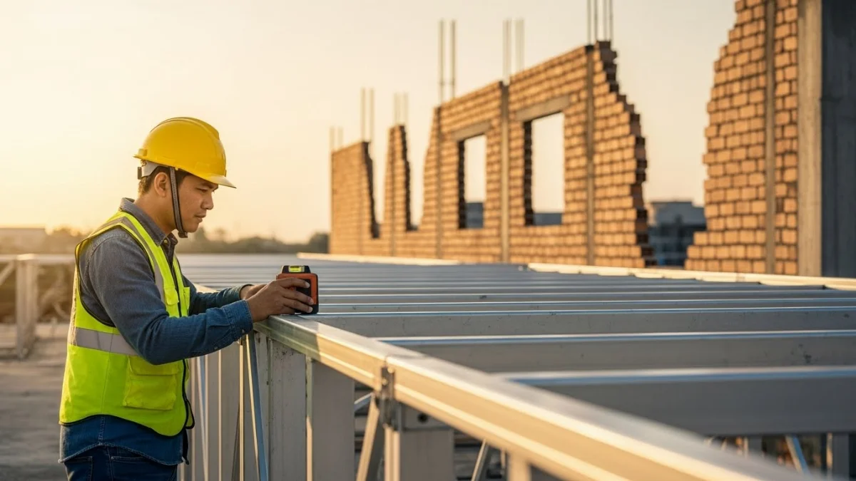 Người thợ xây cẩn thận kiểm tra bản vẽ công trình để tránh sai sót