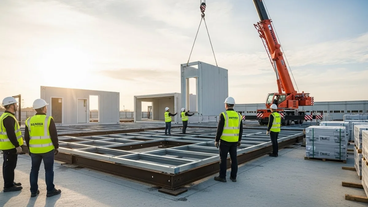 Khung nhà thép tiền chế vững chắc đang được lắp dựng