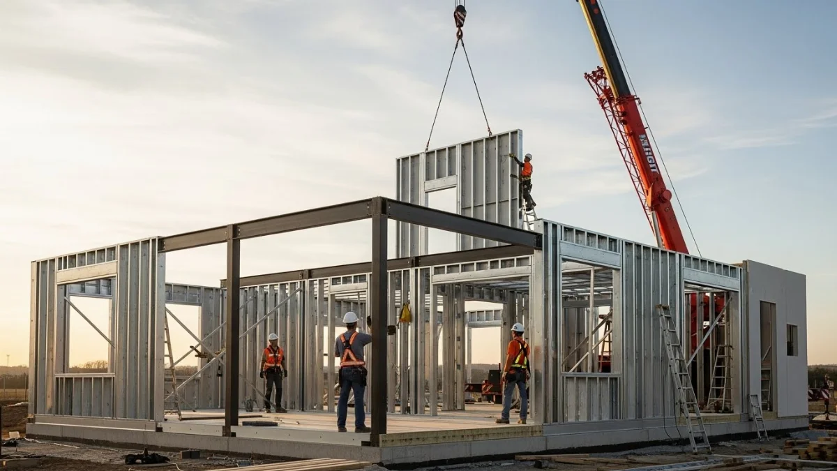 Mô hình nhà lắp ghép hiện đại với khung thép và panel chắc chắn