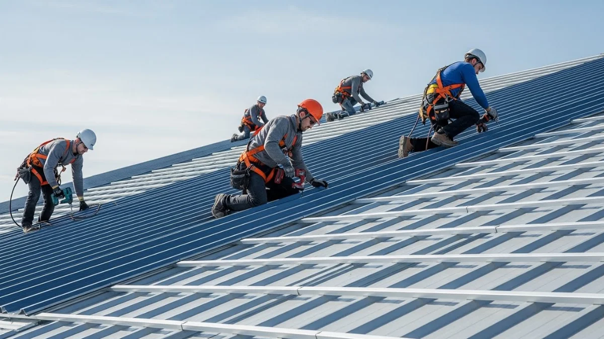 Hình ảnh công trình đang thi công tôn mái nhà xưởng màu xanh