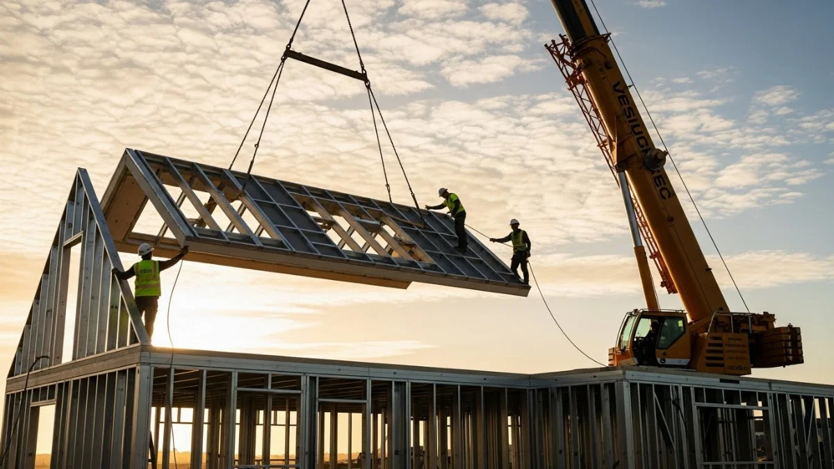 Công nhân thi công nhà lắp ghép trong môi trường xây dựng hiện đại