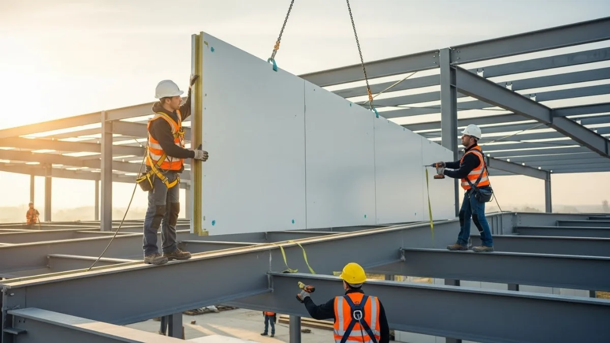 Hình ảnh công nhân lắp đặt khung xương thép cho công trình panel