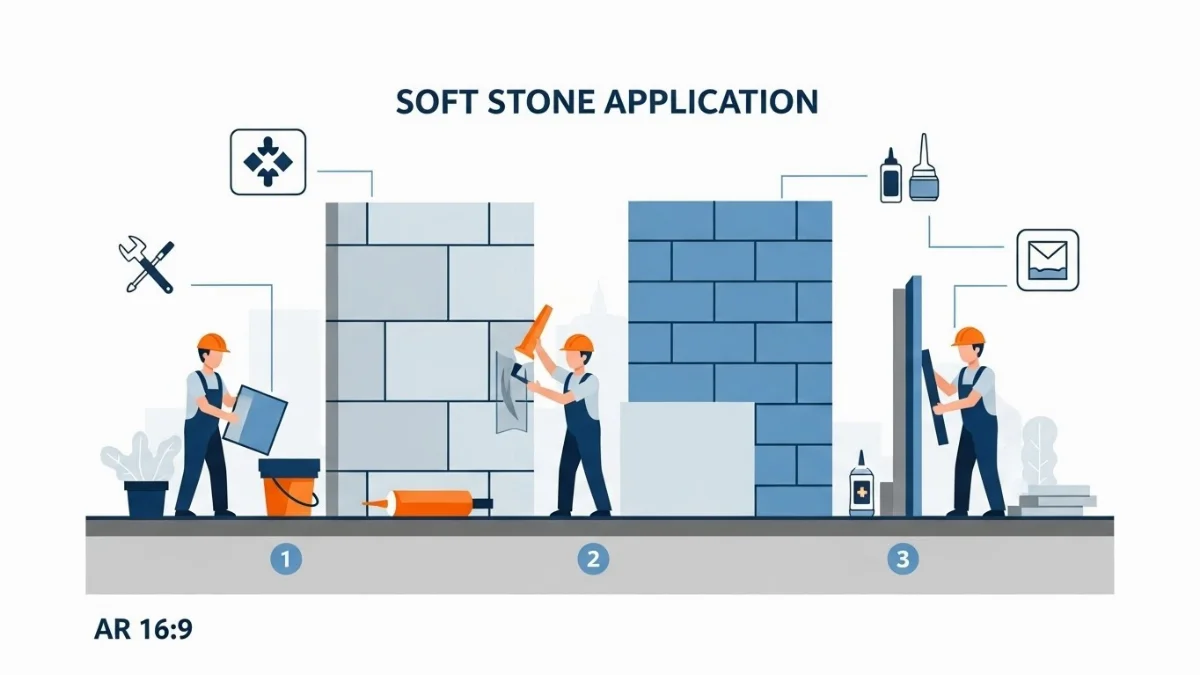Thợ đang cẩn thận trải keo và lắp đặt tấm đá mềm lên bề mặt tường.