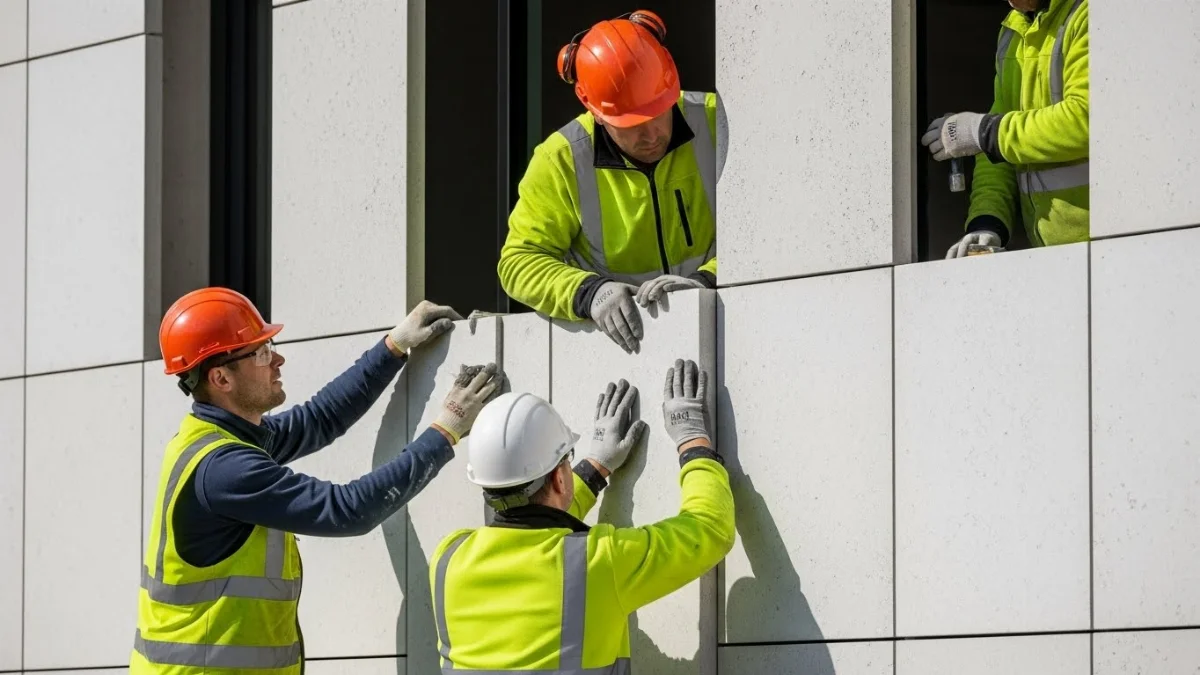 Thợ kiểm tra chất lượng bề mặt sàn và tấm đá mềm trước khi thi công.