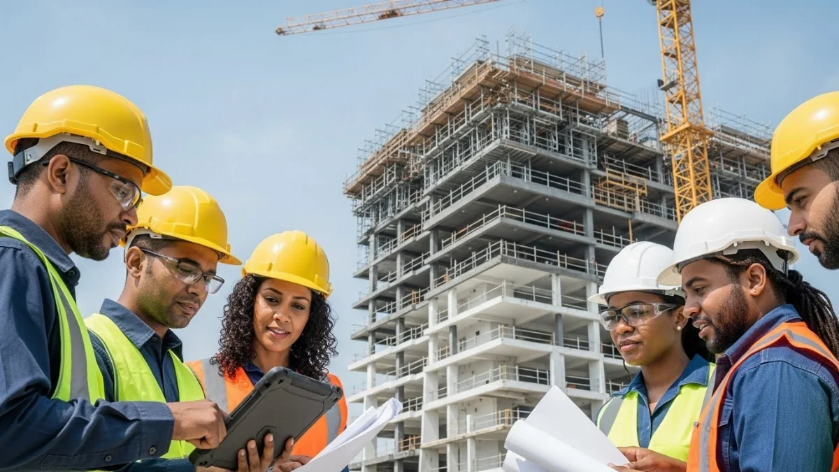 Công nhân xây dựng làm việc cẩn thận trên công trường đảm bảo chất lượng công trình