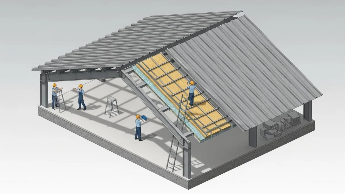 Hình ảnh một người thợ đang kiểm tra vết dột trên mái tôn