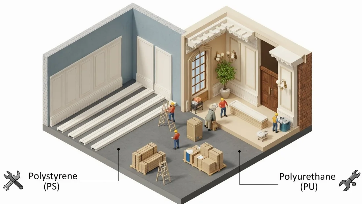 Hình ảnh so sánh độ dẻo của phào chỉ PU và độ cứng của phào chỉ PS