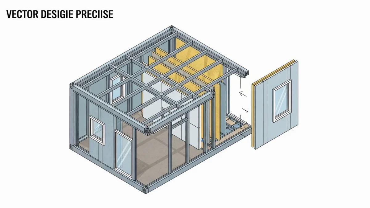 Công nhân đang lắp đặt các tấm panel tường cho một căn nhà lắp ghép