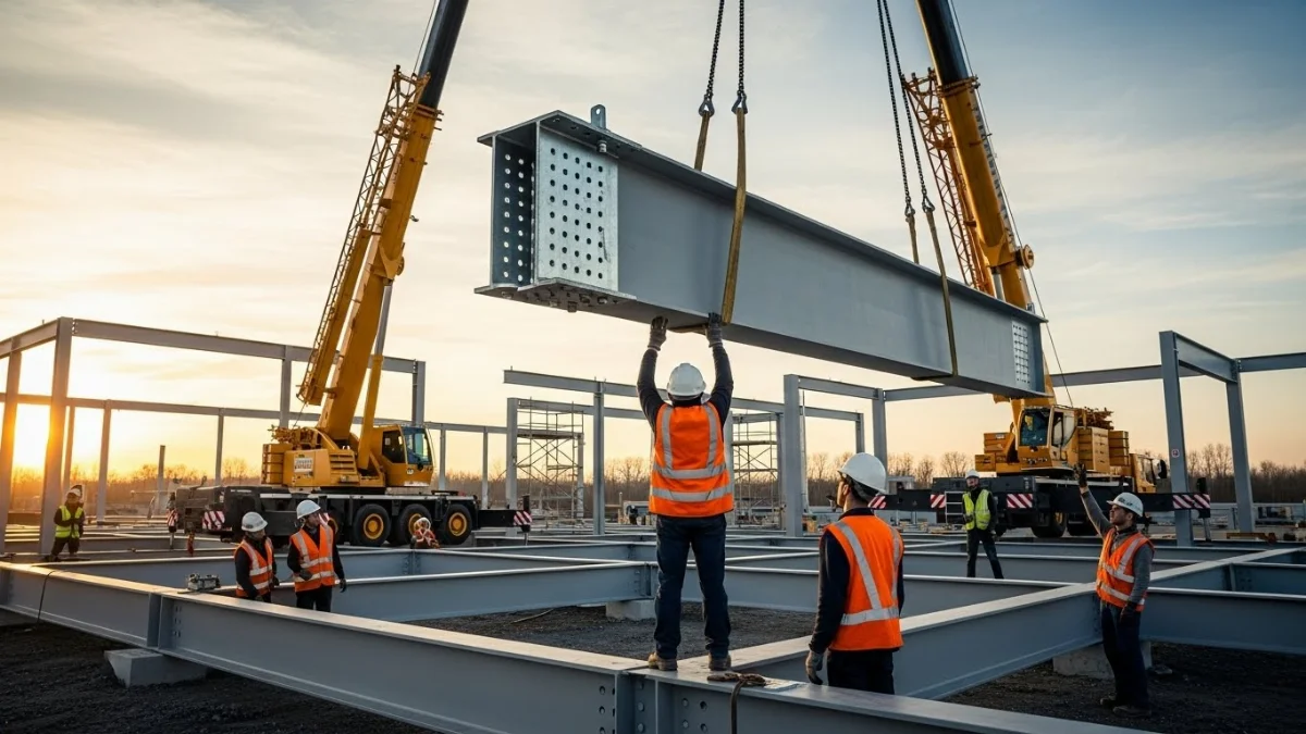 Hình ảnh một nhà xưởng công nghiệp quy mô lớn sử dụng khung thép nhà tiền chế vững chắc